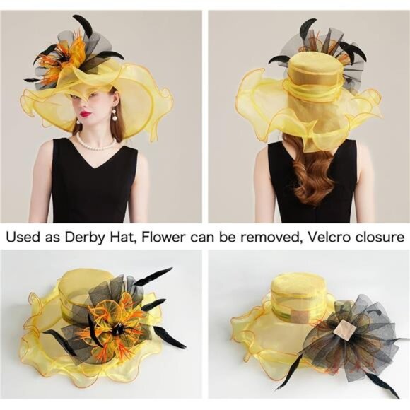 Women Organza Church Tea Party Hats Floral Yellow Black main image 6